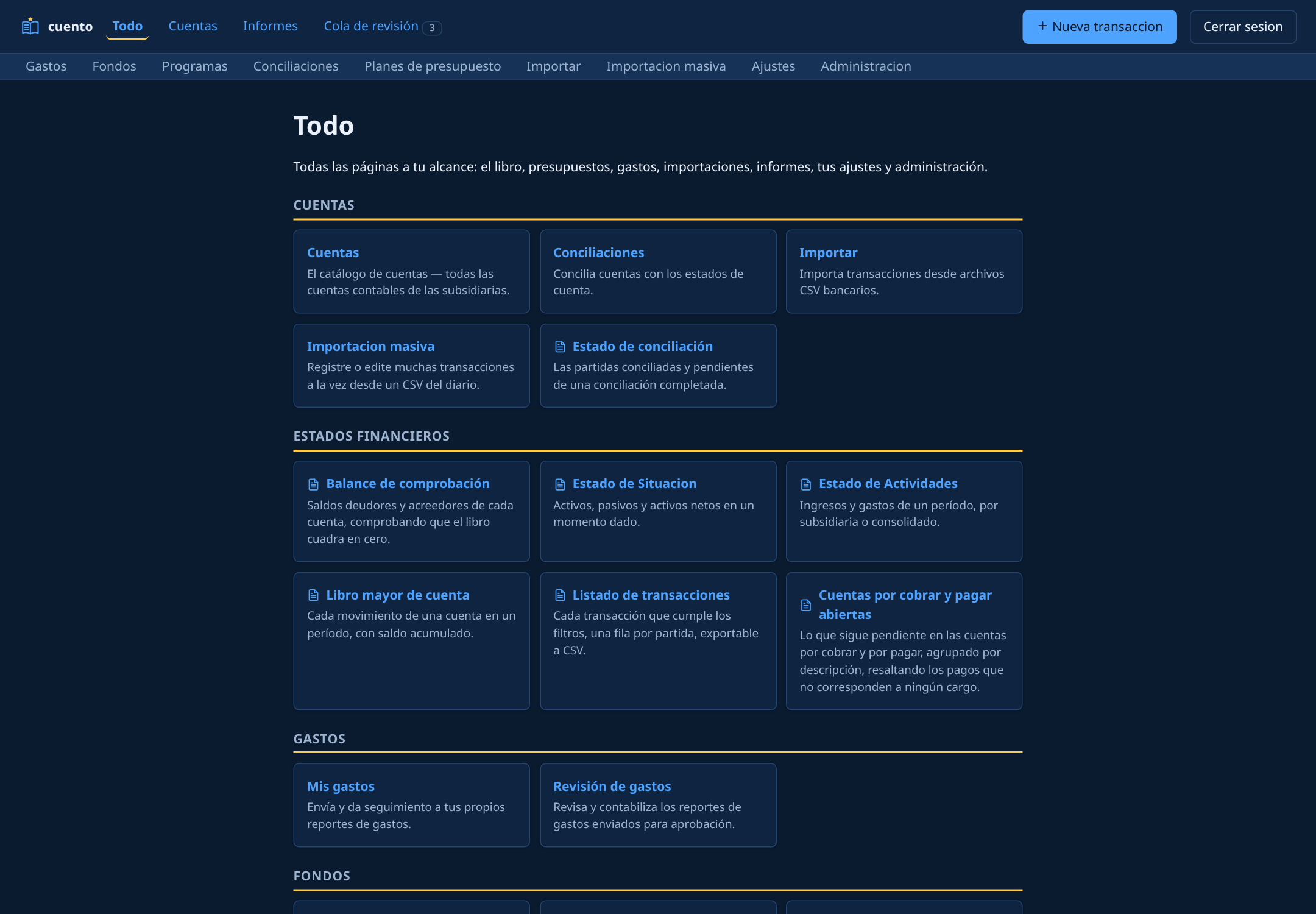 Everything you can reach in cuento, Spanish interface on the dark theme.