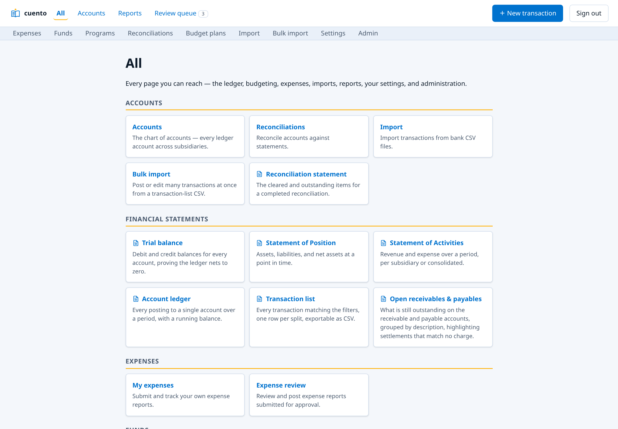 Everything you can reach in cuento, English interface on the light theme.