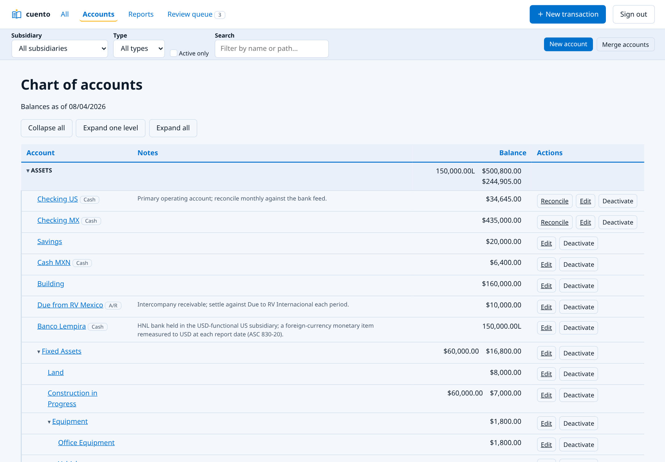 Chart of accounts in cuento, English interface on the light theme.