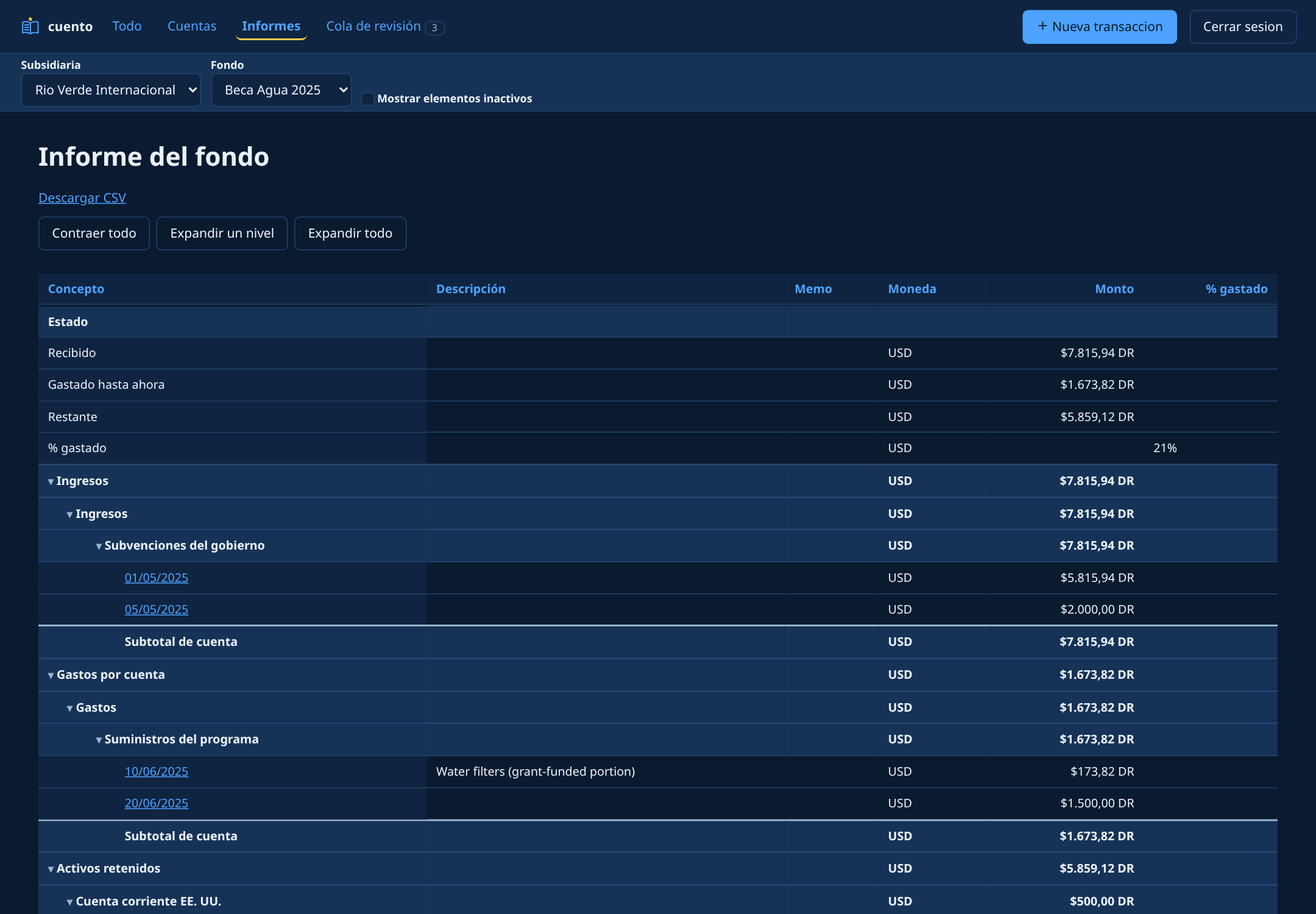 Fund cover page in cuento, Spanish interface on the dark theme.