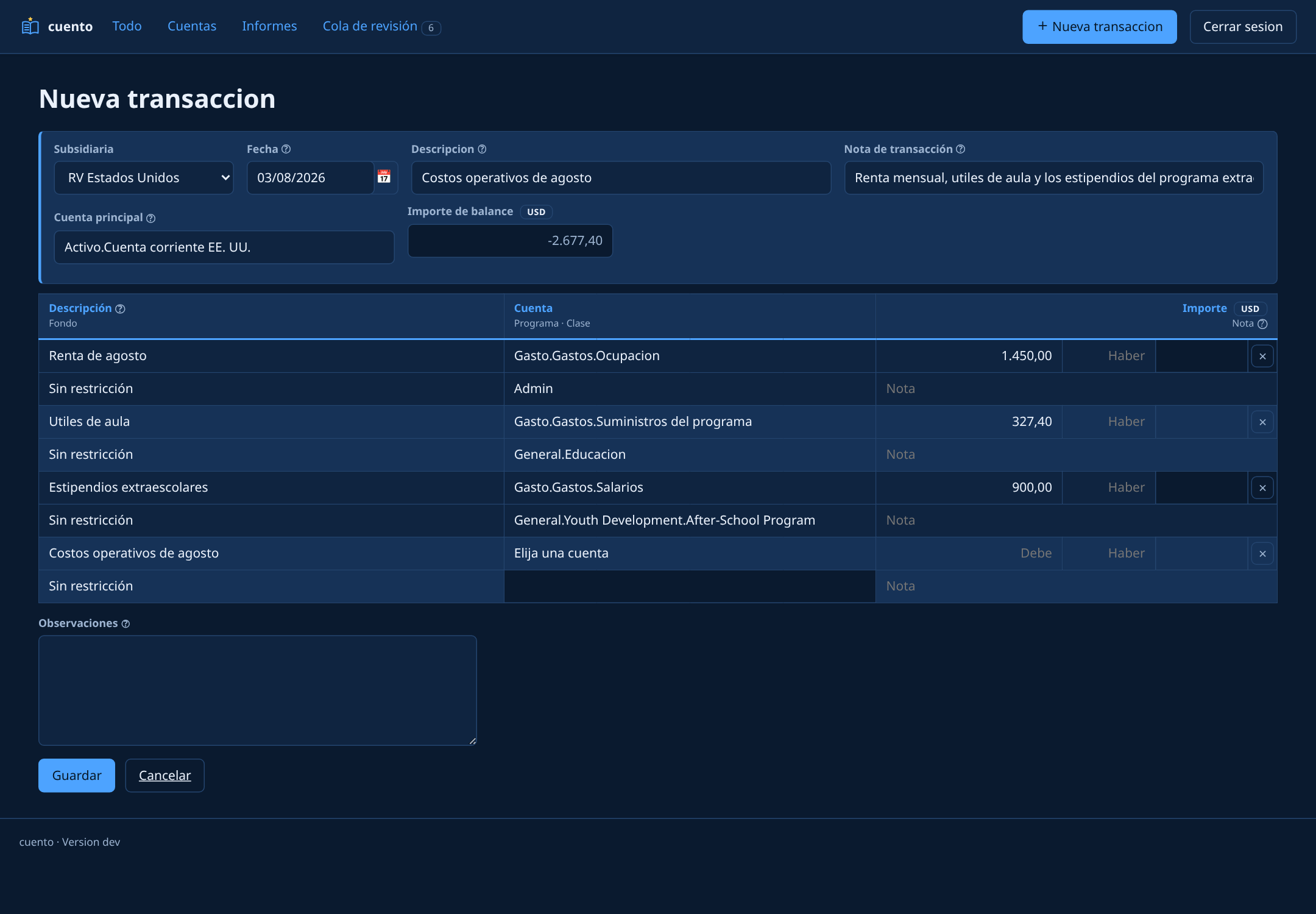 The transaction editor in cuento, Spanish interface on the dark theme.