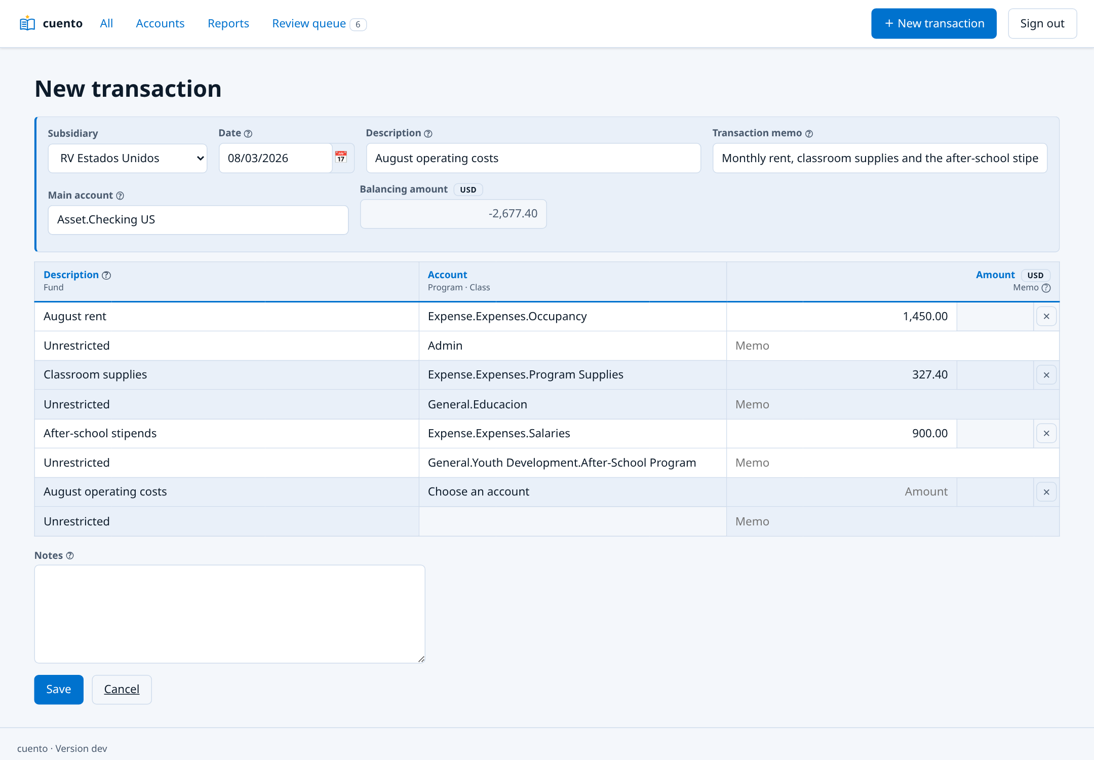 The transaction editor in cuento, English interface on the light theme.