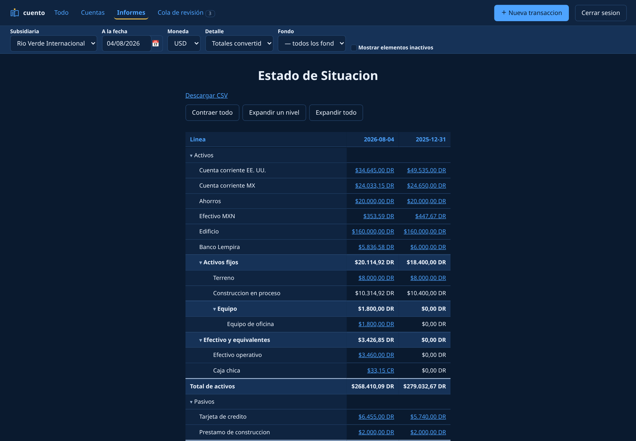 Statement of position in cuento, Spanish interface on the dark theme.