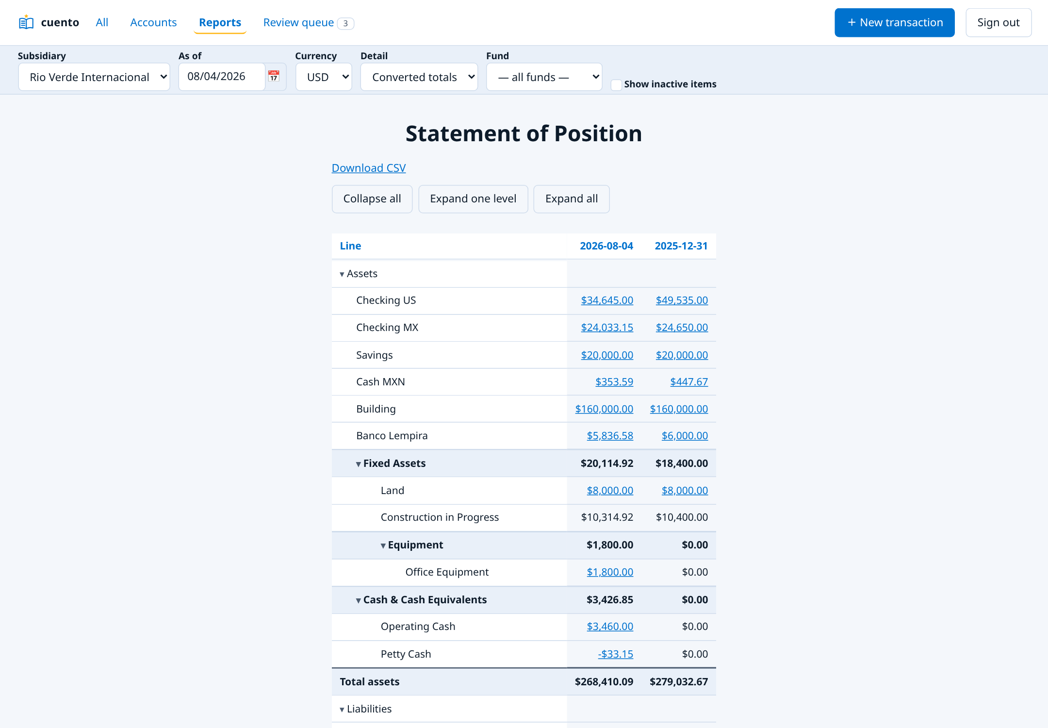 Statement of position in cuento, English interface on the light theme.