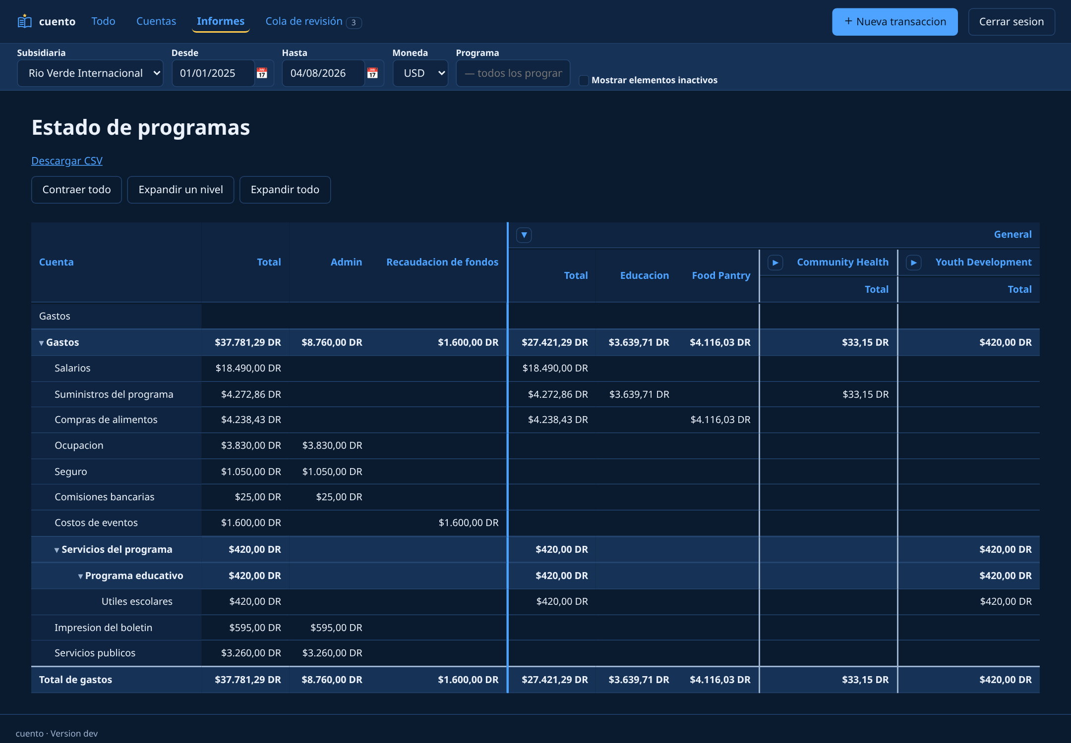 Program statement in cuento, Spanish interface on the dark theme.